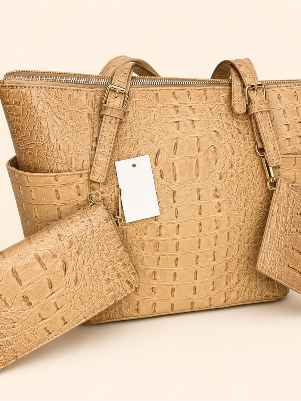 Croc-Embossed Tan Tote with Matching Wristlet